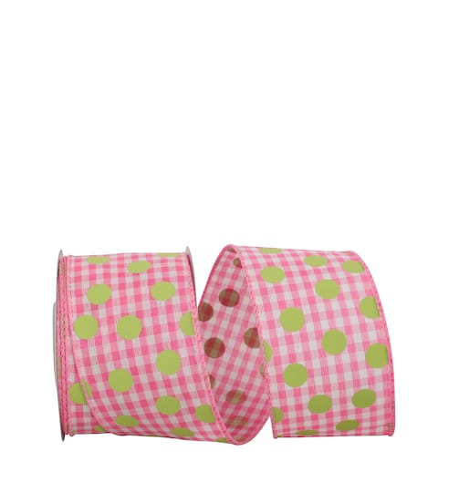 JAM Paper 2.5&#x22; Pink Dots &#x26; Lime Gingham Check Wired Ribbon